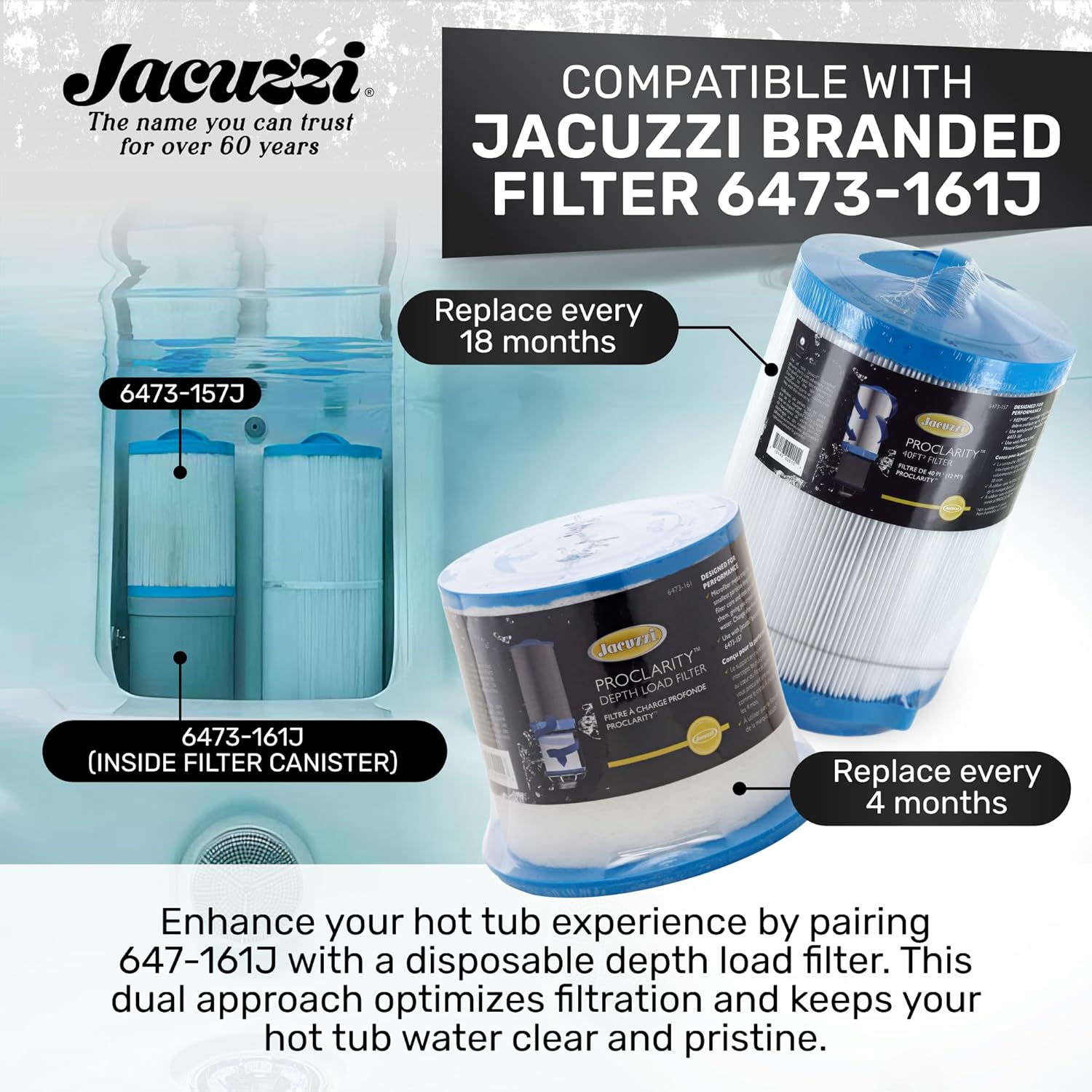 Jacuzzi® PROCLARITY® 40 Sq Ft Primary Filter Cartridge – Washable Pleated Cartridge (2012+ J‑400/J‑495/J‑500/J‑LX Models) – part #6473‑157J