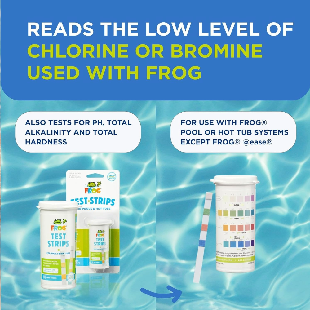 Tiras reactivas FROG para piscinas y jacuzzis: indicador preciso de cloro libre o bromo, pH, alcalinidad total y dureza total. Análisis de agua sencillo. 50 tiras reactivas. 