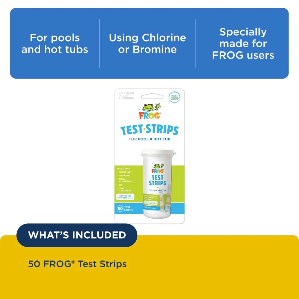 Tiras reactivas FROG para piscinas y jacuzzis: indicador preciso de cloro libre o bromo, pH, alcalinidad total y dureza total. Análisis de agua sencillo. 50 tiras reactivas. 