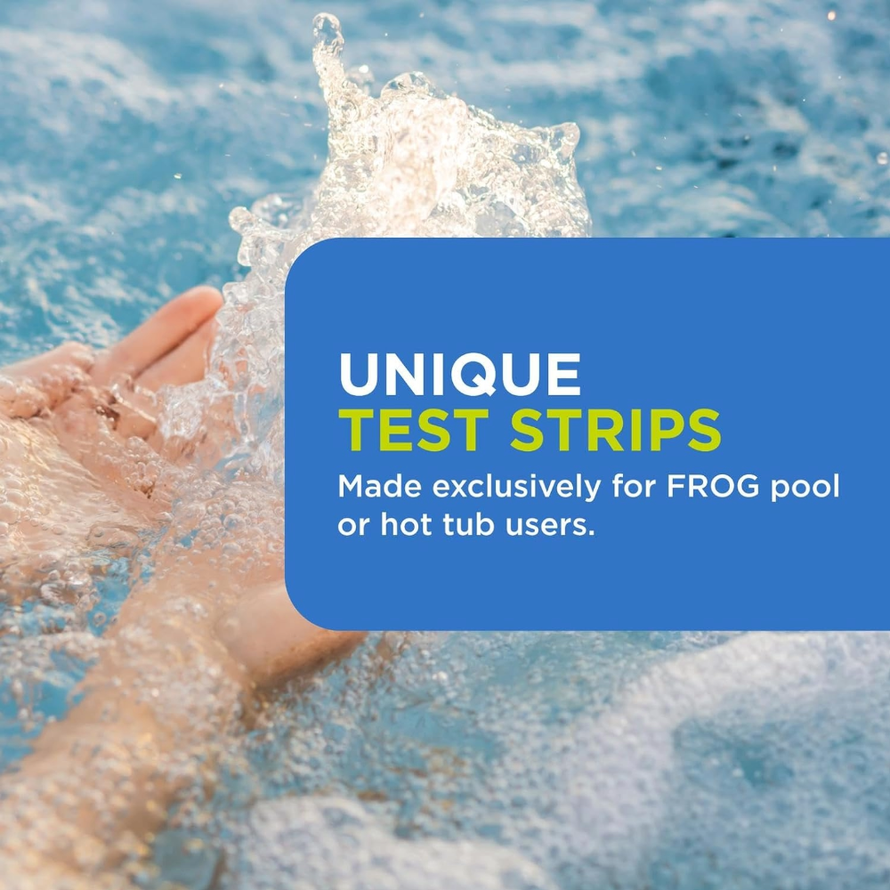 Tiras reactivas FROG para piscinas y jacuzzis: indicador preciso de cloro libre o bromo, pH, alcalinidad total y dureza total. Análisis de agua sencillo. 50 tiras reactivas. 