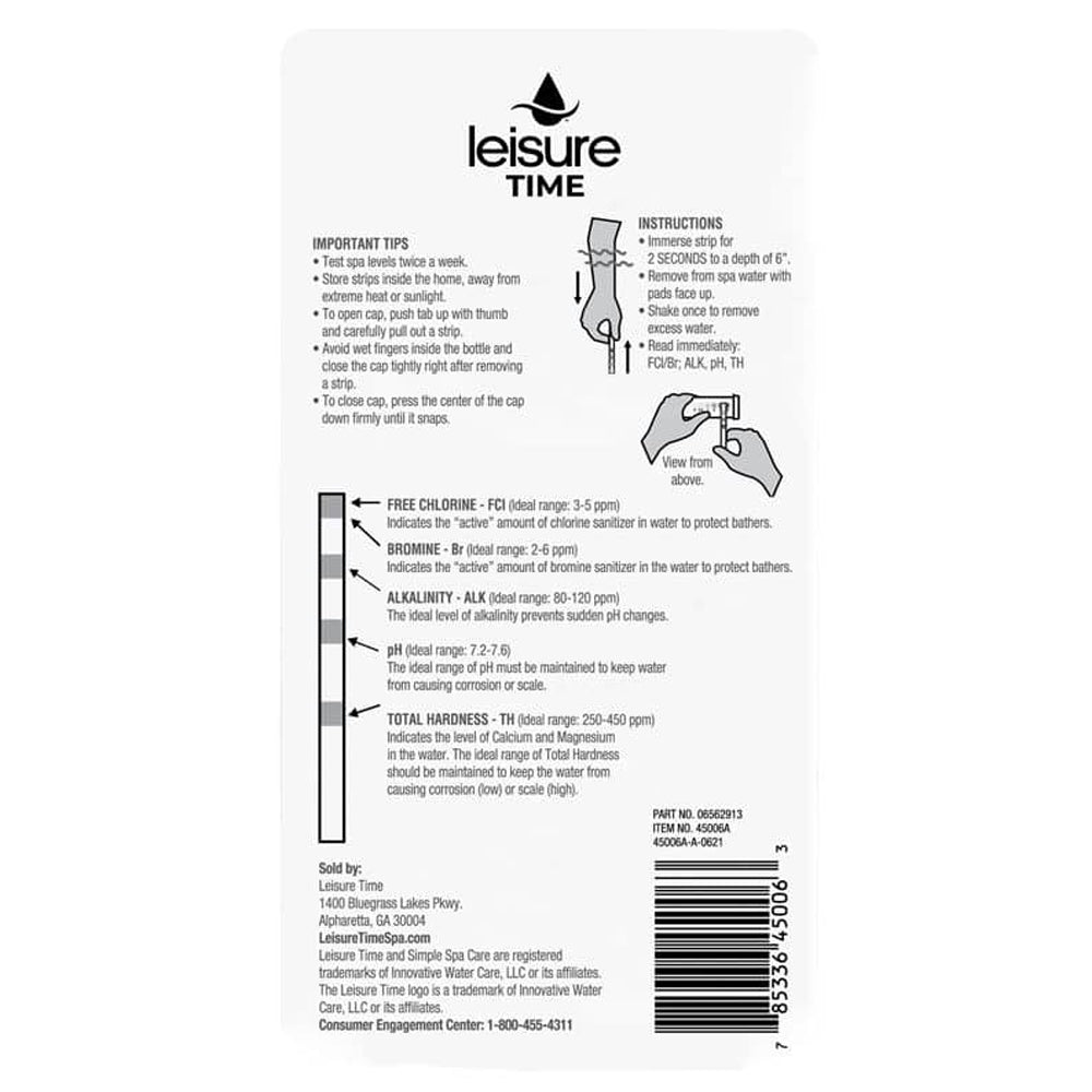 Leisure Time® Chlorine & Bromine Test Strips – 4‑in‑1 Spa Water Test Kit (50 Strips)