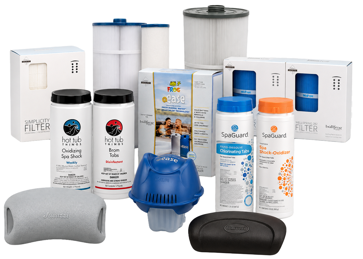 Hot tub filters, water care, pillows, and spa supplies