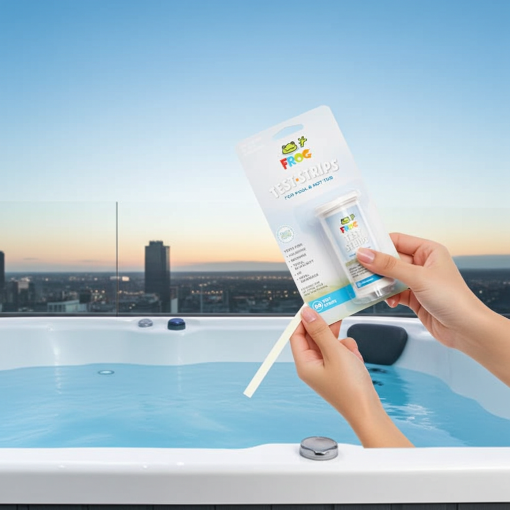 Tiras reactivas FROG para piscinas y jacuzzis: indicador preciso de cloro libre o bromo, pH, alcalinidad total y dureza total. Análisis de agua sencillo. 50 tiras reactivas. 