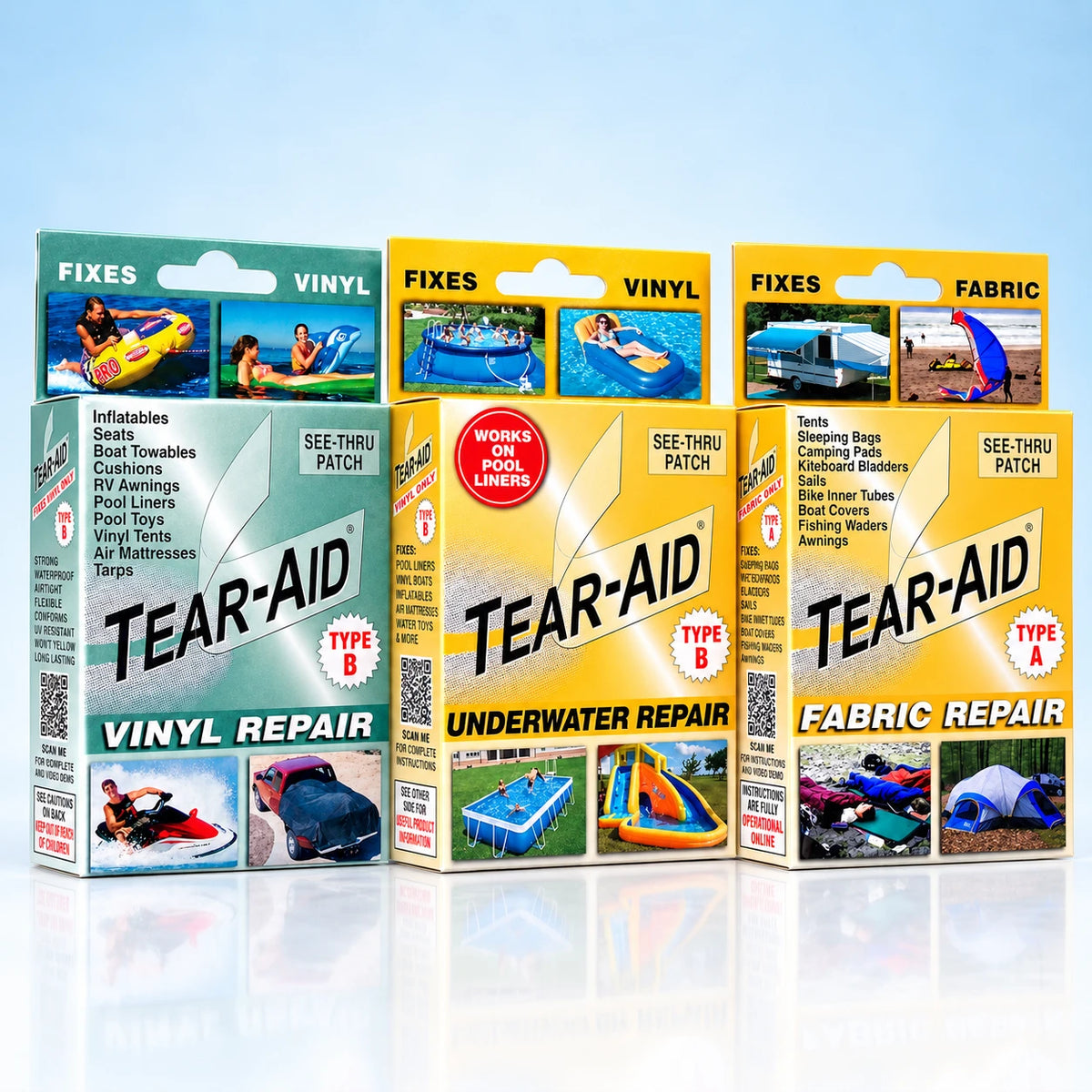 Parche de reparación TEAR-AID® Tipo B – Kit de revestimiento de vinilo para spa y piscina 